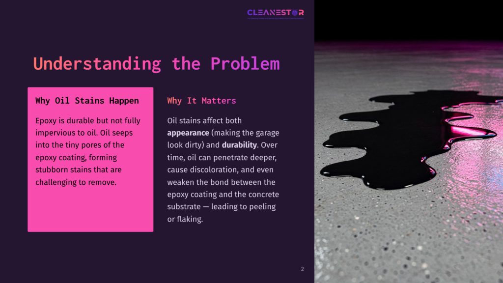 Dark Oil Spill On A Textured Concrete Floor, Reflecting Pink And Blue Neon Lights. Text Overlay Reads &Quot;Cleanestor&Quot; And &Quot;Understanding The Problem&Quot;.