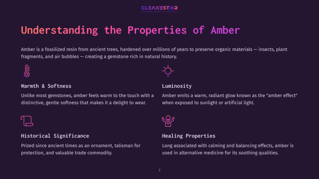 A Purple Background Features Pink Text Detailing Amber'S Properties, Including Warmth, Historical Significance, And Healing Benefits.