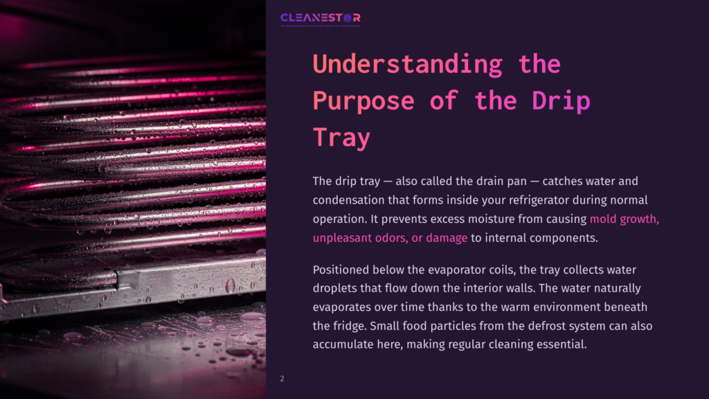 A Close-Up Of A Clean Drip Tray Beneath Refrigerator Coils, With A Shiny Metallic Surface Reflecting Purple And Pink Lighting.