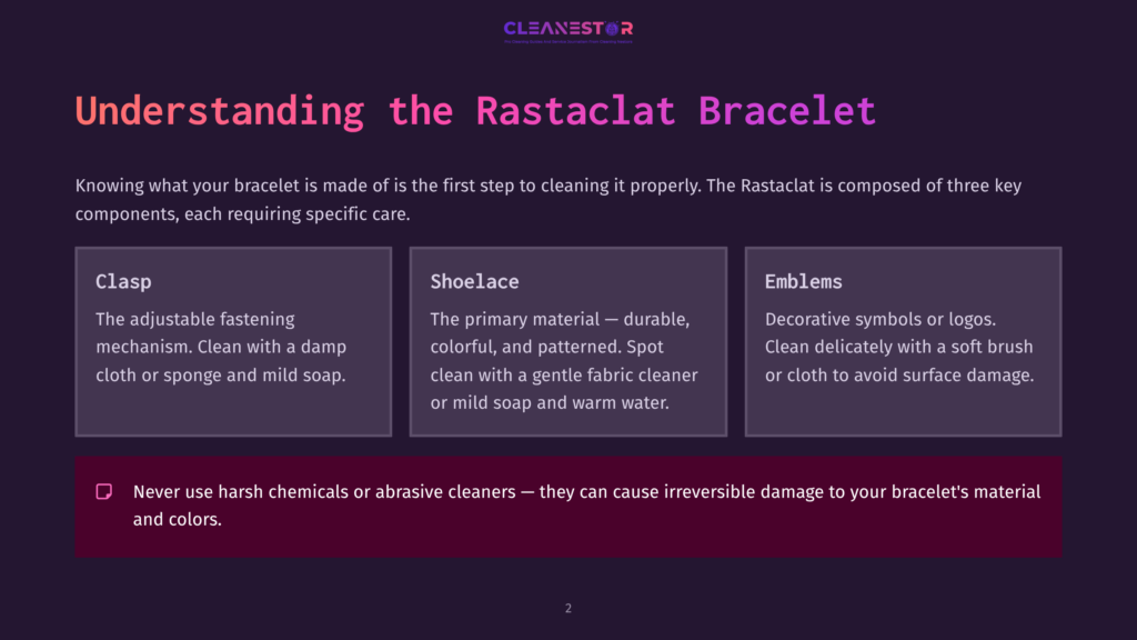 Informative Graphic Featuring A Clasp, Shoelace, And Emblems Of A Rastaclat Bracelet, With Cleaning Tips And A Caution About Harsh Chemicals.
