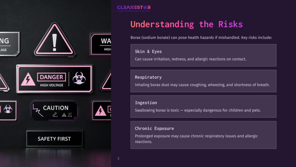 2 Understanding The Risks Infographic Slide Titled &Quot;Understanding The Risks&Quot; Detailing Health Hazards Of Borax, Including Skin &Amp; Eyes, Respiratory, Ingestion, And Chronic Exposure.