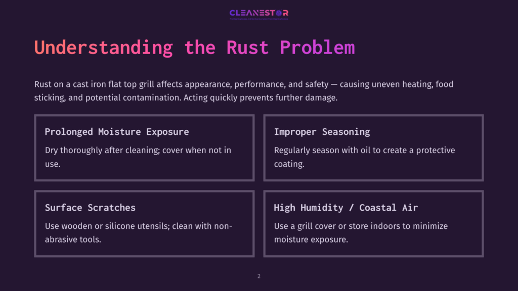 Four Boxes Highlight Issues Affecting Cast Iron Grills: Prolonged Moisture Exposure, Improper Seasoning, Surface Scratches, And High Humidity, With A Dark Background.