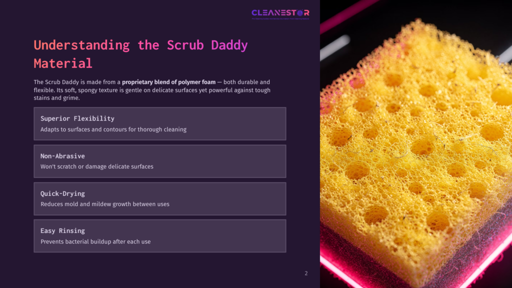 Close-Up Of A Yellow Scrub Daddy Sponge With A Proprietary Blend Of Polymer Foam, Highlighting Its Textured Surface And Holes. The Sponge Is Illuminated By Pink And Purple Neon Lights Against A Dark Background.
