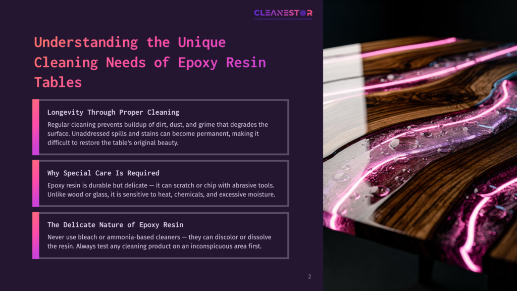 A Vibrant Epoxy Resin Table With Swirling Pink And Purple Patterns, Accompanied By Text Sections On Cleaning And Care.