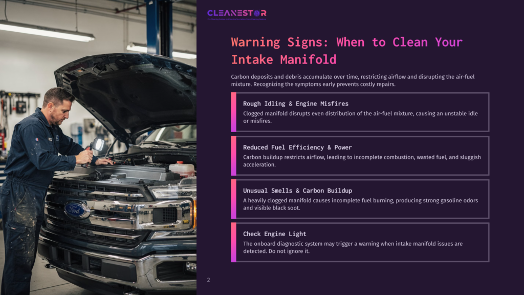 Mechanic Inspects A Ford Truck'S Engine Bay, Hood Up, With Diagnostic Tools. Text Overlay Warns Of &Quot;Intake Manifold&Quot; Issues.