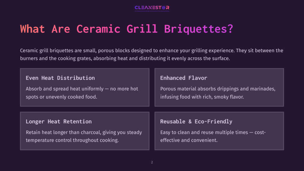 Infographic Titled &Quot;What Are Ceramic Grill Briquettes?&Quot; Detailing Benefits Like Even Heat Distribution, Enhanced Flavor, Longer Heat Retention, And Reusability.