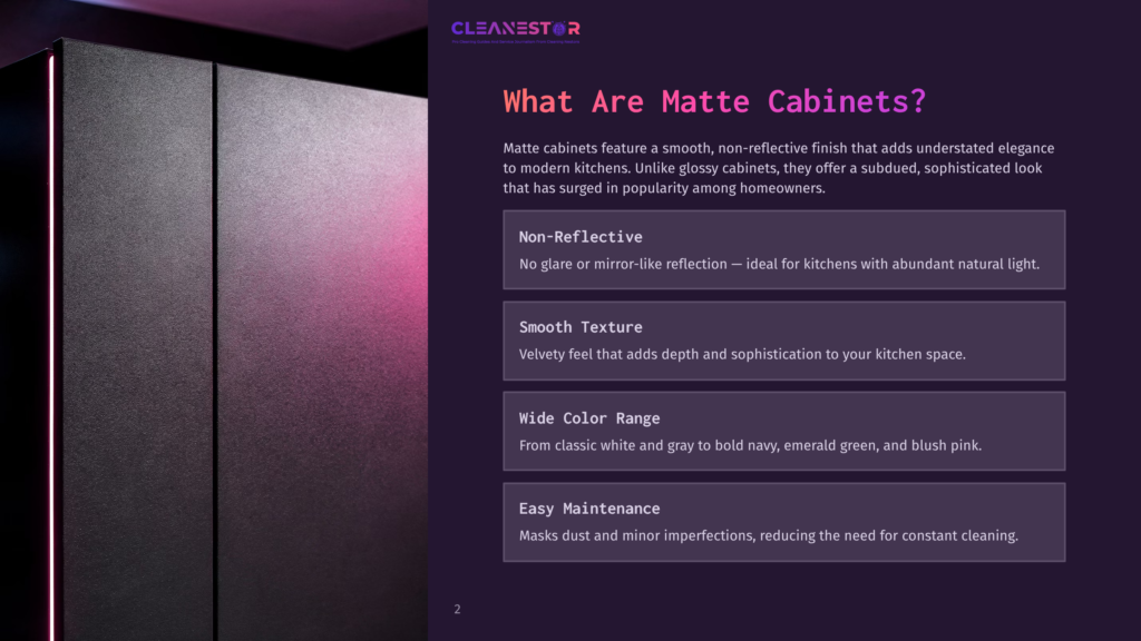 2 What Are Matte Cabinets Dark Matte Cabinets With A Subtle Pink And Purple Glow, Featuring The Text &Quot;Cleanestor&Quot; And &Quot;What Are Matte Cabinets?&Quot;.