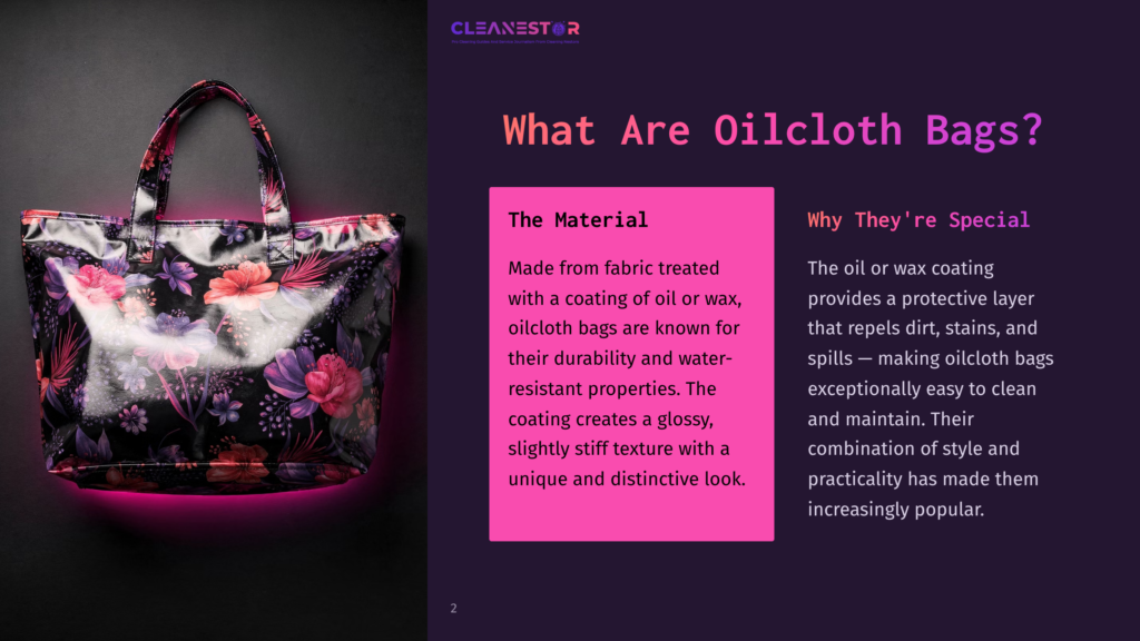 2 What Are Oilcloth Bags A Glossy, Black Oilcloth Tote Bag With A Vibrant Floral Pattern Of Pink And Purple Flowers, Set Against A Dark Background With A Neon Pink Glow Emanating From Beneath.