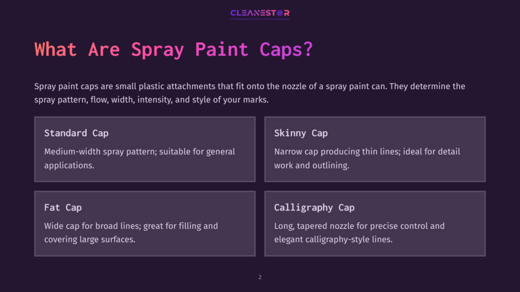 2 What Are Spray Paint Caps Infographic Detailing Different Spray Paint Caps: Standard Cap For Medium-Width Spray, Skinny Cap For Thin Lines, Fat Cap For Broad Lines, And Calligraphy Cap For Precise, Elegant Lines.