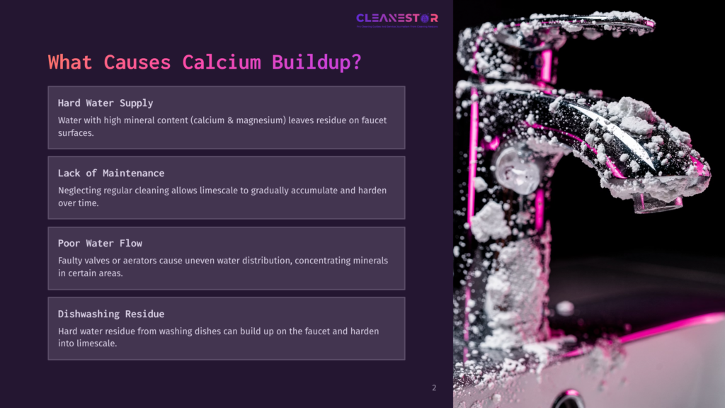 A Pink-Hued Faucet Covered In White Calcium Deposits, With Text Outlining Causes Of Buildup In A Clean, Modern Layout.