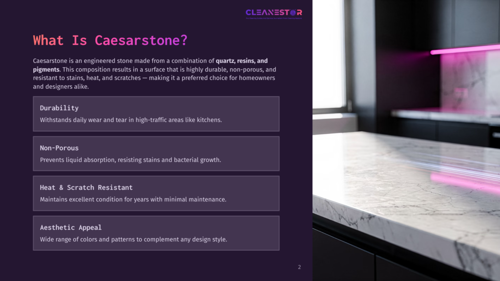A Sleek, Light-Colored Caesarstone Countertop With A Polished Finish Sits Beside A Dark Cabinetry, Complemented By Soft Purple Lighting.
