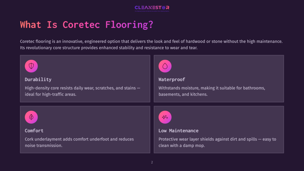 Infographic Detailing The Benefits Of Coretec Flooring: Durability, Waterproof, Comfort, And Low Maintenance. The Design Features Purple And Pink Hues With Iconographic Representations Of Each Benefit.
