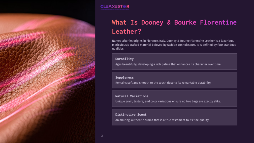 Close-Up Of Rich, Brown Florentine Leather With Vibrant Pink Streaks, Showcasing Its Natural Grain And Texture. Text Reads &Quot;Cleanestor&Quot; And &Quot;What Is Dooney &Amp; Bourke Florentine Leather?&Quot;.