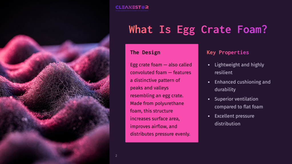 Close-Up Of Textured Purple And Pink Egg Crate Foam, Highlighting Its Distinctive Peaks And Valleys Designed For Enhanced Cushioning And Airflow. The Text &Quot;Cleanestor&Quot; Is Visible At The Top.