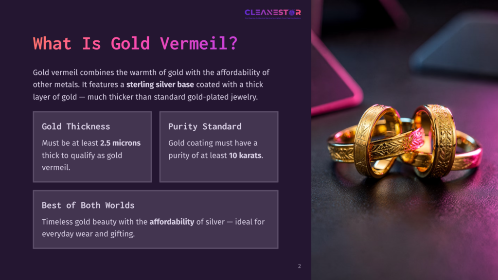 Two Intertwined Gold Vermeil Rings Sit Prominently On A Dark Background, Complemented By A Purple Section Of Text Detailing Gold Vermeil Features.