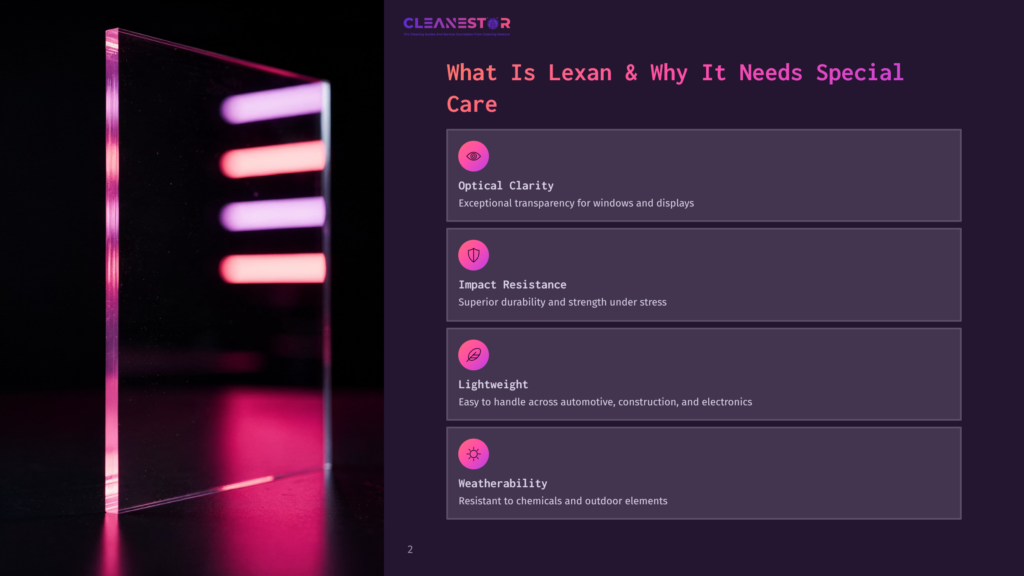 2 What Is Lexan And Why It Needs Special Care A Clear Lexan Panel Stands Against A Pink And Purple Gradient Background; Key Features Are Highlighted In A List On The Right.