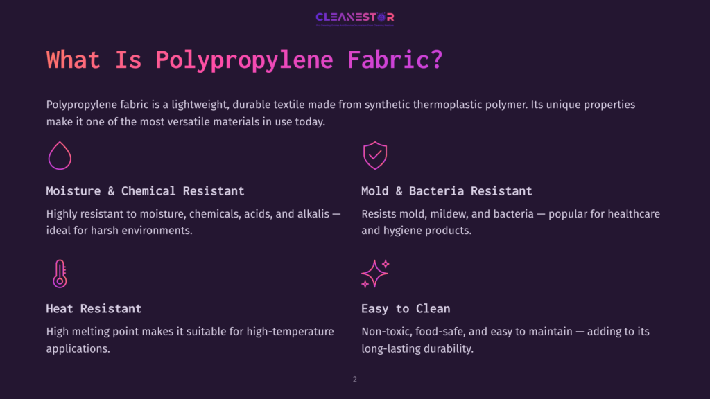 2 What Is Polypropylene Fabric Infographic Titled &Quot;What Is Polypropylene Fabric?&Quot; With Icons And Text Detailing Its Properties: Moisture &Amp; Chemical Resistant, Mold &Amp; Bacteria Resistant, Heat Resistant, And Easy To Clean.