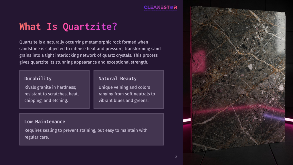 2 What Is Quartzite A Slab Of Quartzite Featuring A Natural, Intricate Pattern Of White And Golden Veins Against A Dark Gray Background, Showcased Against A Dark Surface With A Subtle Pink And Purple Light Reflection On The Right.