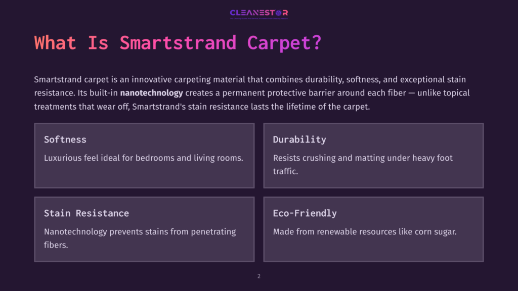 Text On A Dark Background Detailing Smartstrand Carpet Features: Softness, Durability, Stain Resistance, And Eco-Friendliness.
