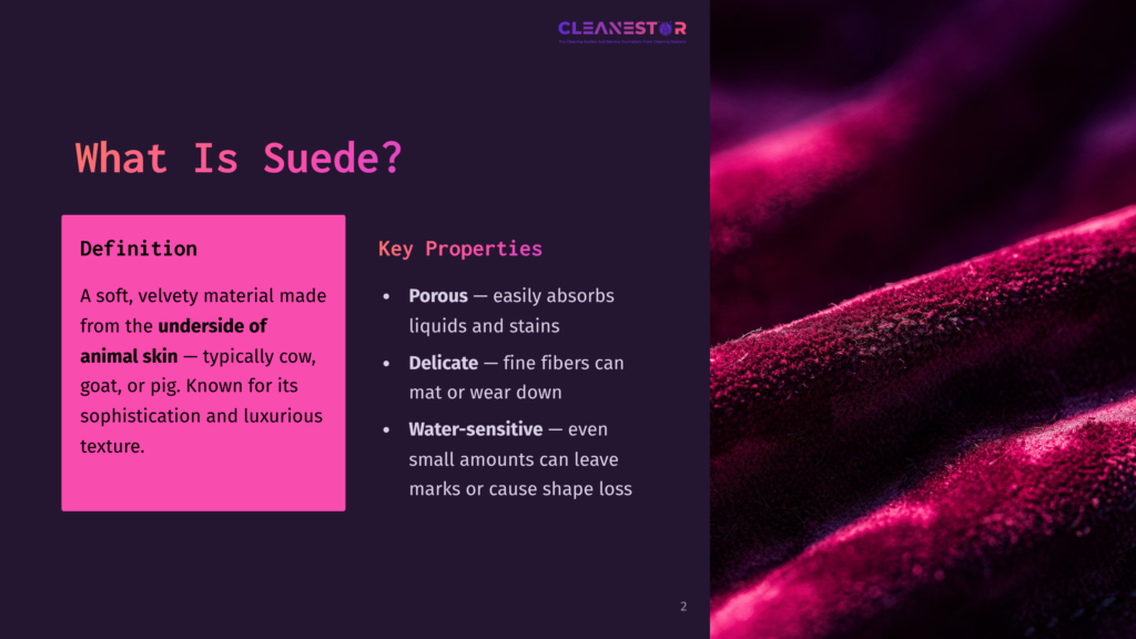 2 What Is Suede Close-Up Of A Deep Magenta Suede Fabric With A Soft, Velvety Texture, Showing The Characteristic Nap And Subtle Sheen. The Image Highlights The Luxurious Feel Of Suede.