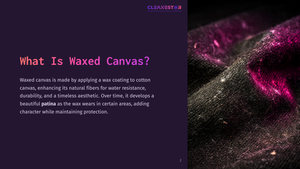 Close-Up Of Dark Waxed Canvas Fabric With A Rich, Textured Patina, Highlighting Its Durability And Water-Resistant Properties. The Fabric Has A Subtle Sheen And Hints Of Deep Magenta.
