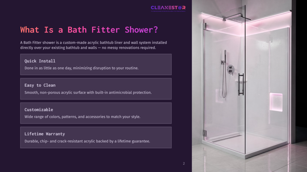 2 What Is A Bath Fitter Shower A Modern Shower Enclosure With A Sleek Acrylic Design, Featuring A Handheld Shower, Glass Doors, And A Clean, Minimalist Aesthetic.