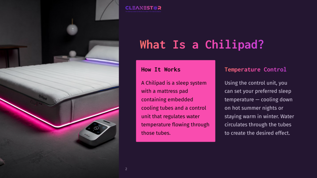 A Bedroom Scene Featuring A Chilled Mattress With Colorful Lighting, A Control Unit On The Floor, And A Modern Aesthetic.