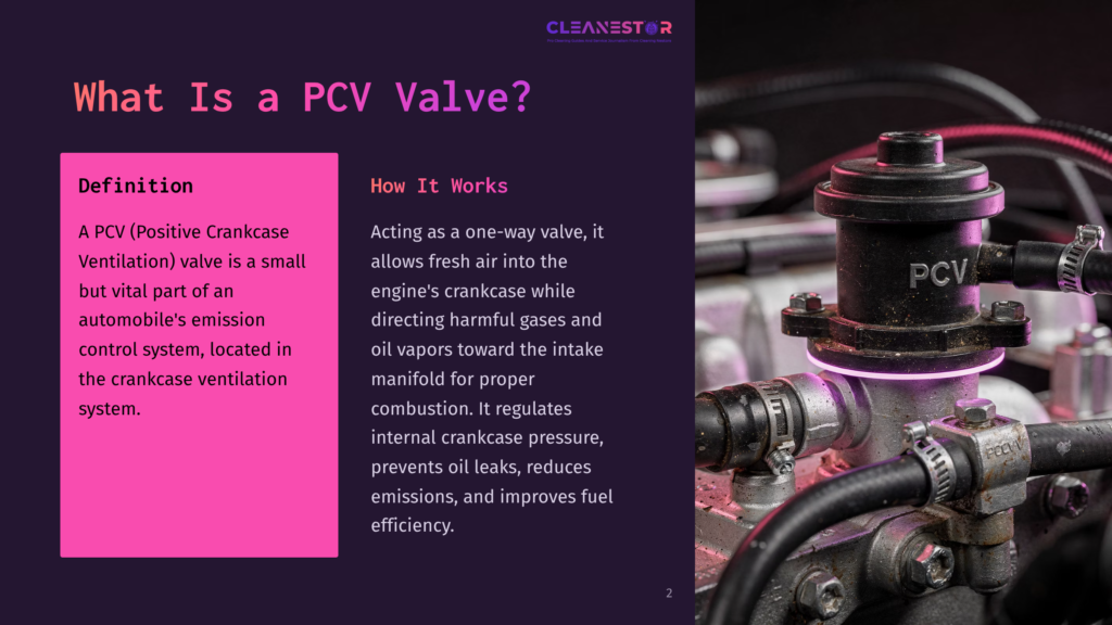 Close-Up Of A Pcv Valve In An Automobile Engine, Highlighting Metal Components And Connecting Hoses, With A Dark Background And Purple Accents.