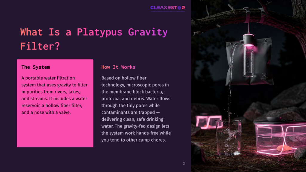 2 What Is A Platypus Gravity Filter A Platypus Gravity Filter System Shown In Use, Featuring A Water Reservoir, Filter Bag, And Tubing Against A Dark Background With Pink Lighting.