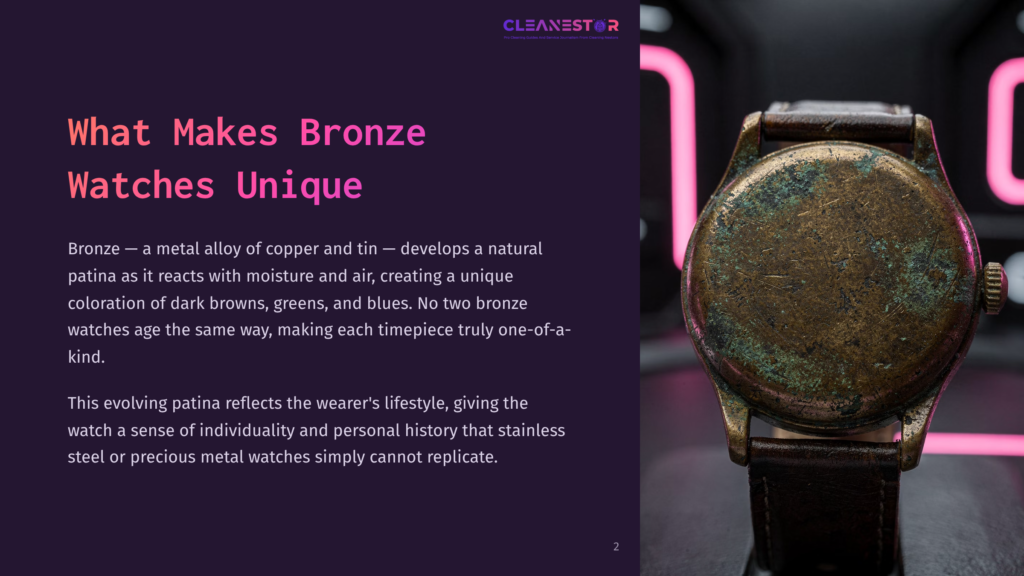 2 What Makes Bronze Watches Unique Close-Up Of The Aged, Unique Bronze Case Of A Vintage Watch, Showcasing Its Natural, Evolving Patina In Shades Of Dark Brown, Green, And Blue. The Watch Has A Leather Strap.