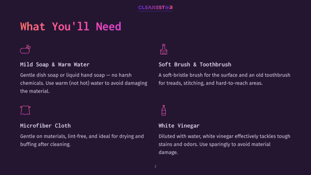 2 What Youll Need 1 Infographic Listing Cleaning Supplies: Mild Soap And Warm Water, Soft Brush And Toothbrush, Microfiber Cloth, And White Vinegar, With Icons For Each.