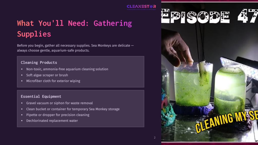 2 What Youll Need Gathering Supplies Hand Holding A Clear Container With Green Water, Adjacent To A List Of Cleaning Supplies And A Purple Background With Text.