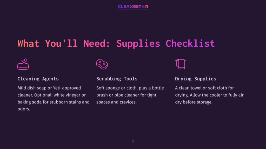 A Graphic With The Heading &Quot;What You'Ll Need: Supplies Checklist&Quot; Is Divided Into Three Sections: &Quot;Cleaning Agents,&Quot; &Quot;Scrubbing Tools,&Quot; And &Quot;Drying Supplies,&Quot; Each With Icons And Descriptive Text.