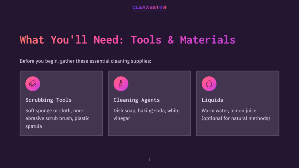 Three Pink Boxes Outline Essential Cleaning Supplies: Scrubbing Tools (Left), Cleaning Agents (Center), And Liquids (Right) On A Dark Background.