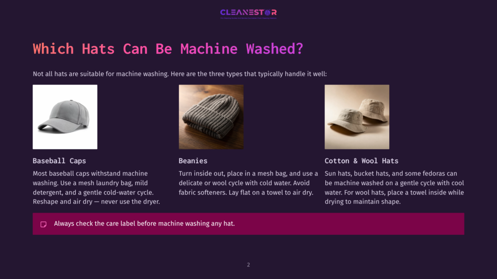 Three Types Of Hats: A Gray Baseball Cap, A Brown Knit Beanie, And Two Tan Fedora Hats, Displayed To Show Which Hats Can Be Machine Washed.