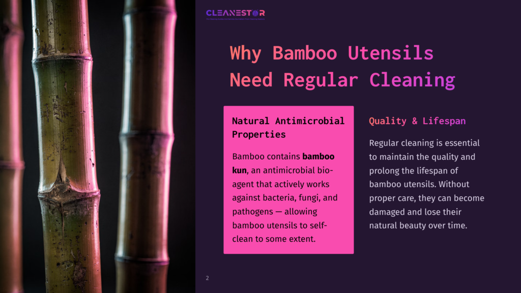 A Close-Up Of Bamboo Stalks With A Dark Background, Accompanied By Text Highlighting The Antimicrobial Properties And Care For Bamboo Utensils.