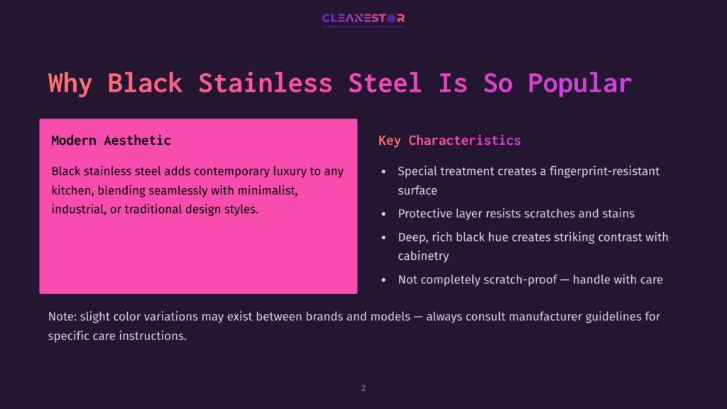 2 Why Black Stainless Steel Is So Popular Presentation Slide Titled &Quot;Why Black Stainless Steel Is So Popular&Quot; With Sections On &Quot;Modern Aesthetic&Quot; And &Quot;Key Characteristics,&Quot; Detailing Its Contemporary Luxury, Fingerprint-Resistance, And Scratch-Proof Qualities.