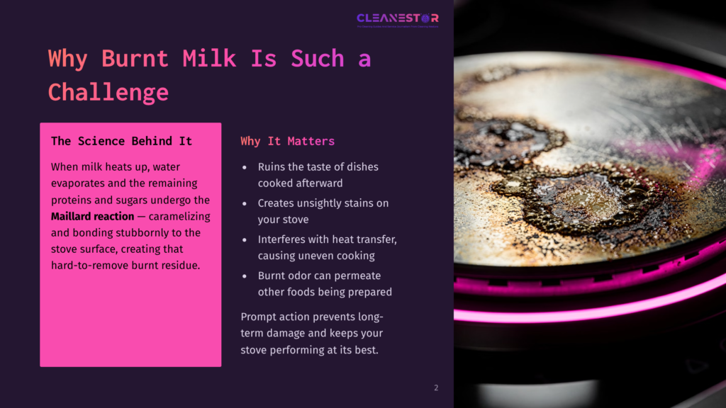 2 Why Burnt Milk Is Such A Challenge Close-Up Of A Burnt And Stained Stovetop With Thick, Black, Caramelized Residue, Highlighting The Challenge Of Burnt Milk Residue Removal.