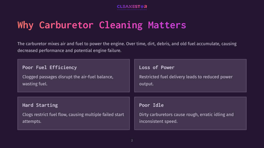 Text On A Dark Purple Background Outlines Reasons For Carburetor Cleaning, Emphasizing Poor Fuel Efficiency, Power Loss, Hard Starting, And Poor Idle.