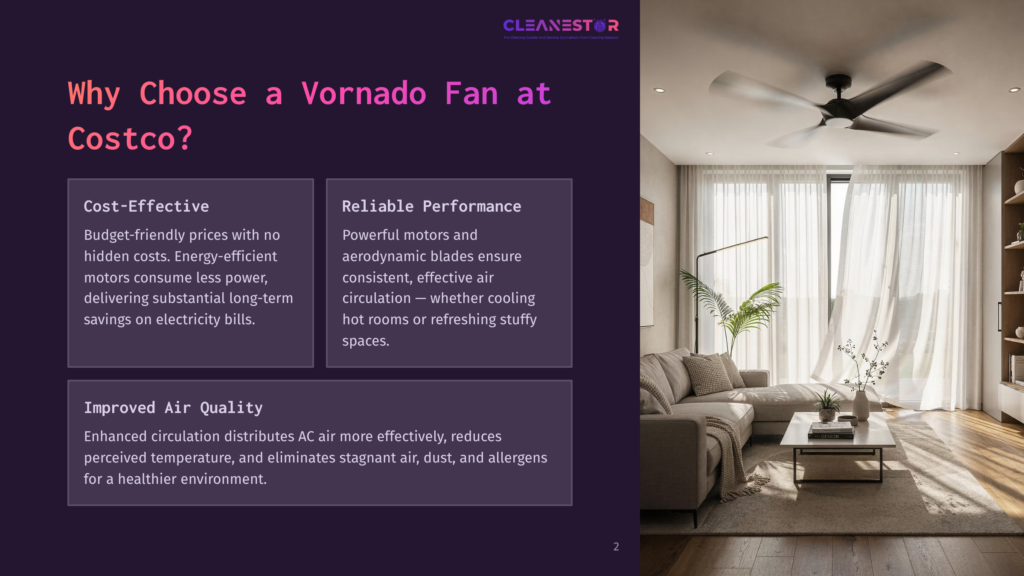 2 Why Choose A Vornado Fan At Costco A Modern Living Room With A Vornado Fan On The Ceiling, Featuring A Beige Sectional Sofa, A Wooden Coffee Table, And Large Windows With Sheer Curtains.