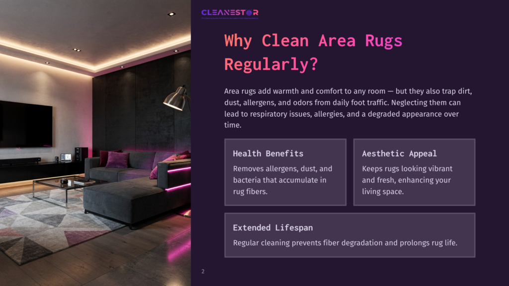 Modern Living Room With A Dark Purple Wall, A Plush Area Rug, And A Stylish Couch. Bright Indoor Lighting Highlights The Space.