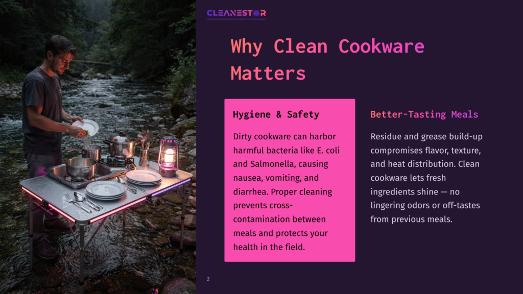 A Person Cooks Over A Portable Camp Stove Beside A River, With Cookware And A Lantern On A Pink Table, Surrounded By Trees.