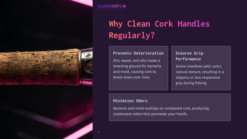 2 Why Clean Cork Handles Regularly Close-Up Of A Dirty Fishing Rod Handle Made Of Cork, Showing Grime, Sweat, And Oil Buildup. Text Overlays: &Quot;Cleanestor&Quot;, &Quot;Why Clean Cork Handles Regularly?&Quot;, &Quot;Prevents Deterioration&Quot;, &Quot;Ensures Grip Performance&Quot;, &Quot;Minimizes Odors&Quot;.