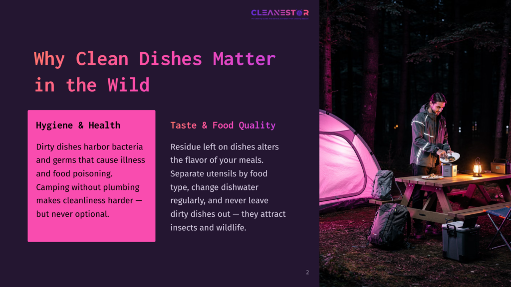 A Person In A Jacket Prepares Food At A Picnic Table Next To A Lit Tent At A Campsite. The Text On The Left Reads &Quot;Why Clean Dishes Matter In The Wild,&Quot; With Sections On &Quot;Hygiene &Amp; Health&Quot; And &Quot;Taste &Amp; Food Quality.
