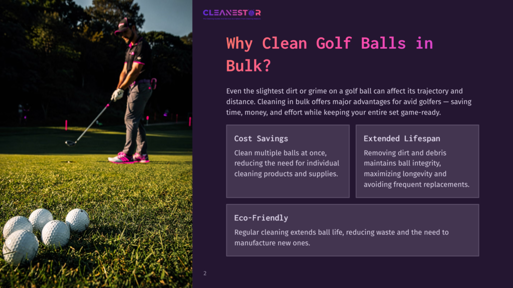 2 Why Clean Golf Balls In Bulk Golfer In A Pink Shirt And Black Pants Tees Off On A Lush Green Golf Course, With Several Clean Golf Balls Resting In The Foreground Grass.