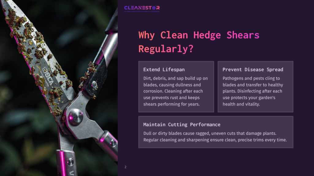 Close-Up Of Dirty Hedge Shears With Soil And Plant Debris On Shiny Metal Blades, Highlighting Their Need For Cleaning And Maintenance.