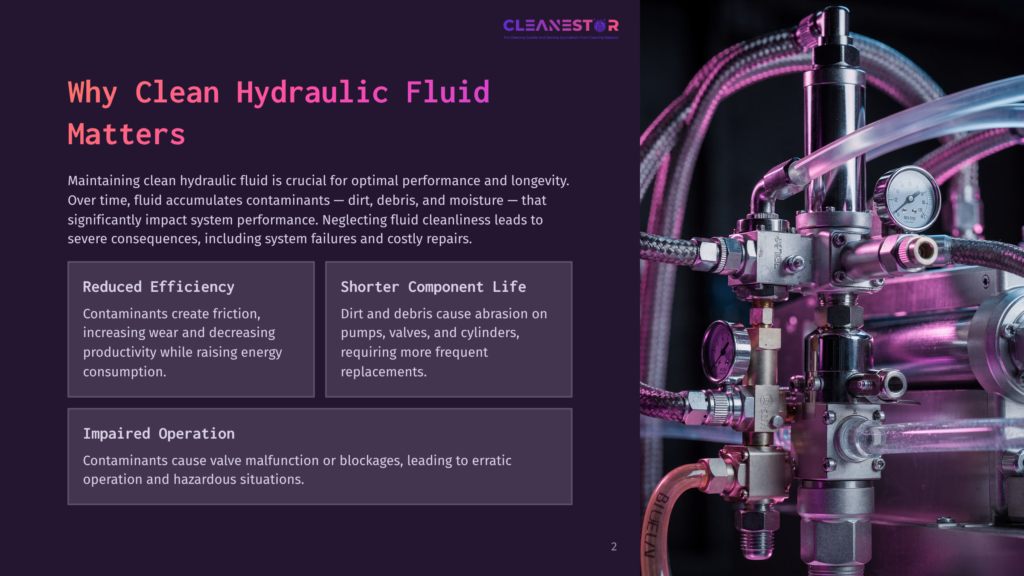 2 Why Clean Hydraulic Fluid Matters Close-Up Of Industrial Hydraulic Fluid System With Gauges, Pipes, And Tubing, Featuring The Text &Quot;Cleanestor&Quot; And &Quot;Why Clean Hydraulic Fluid Matters.