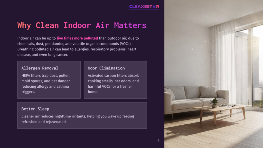 Cleanestor Air Purifier Text On Dark Background. A Bright, Modern Living Room With A Sofa And Coffee Table Is Visible Through A Window On The Right.