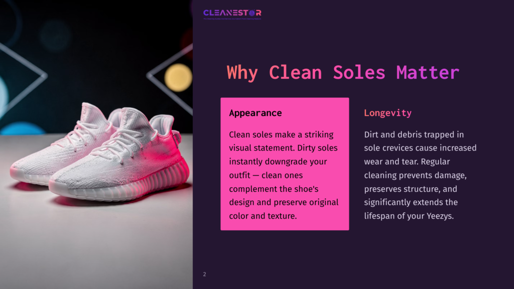 2 Why Clean Soles Matter Close-Up Of A Pair Of Pristine White Adidas Yeezy Sneakers With Translucent Soles, Illuminated By A Soft Pink Glow, Highlighting Their Clean Appearance And Design.