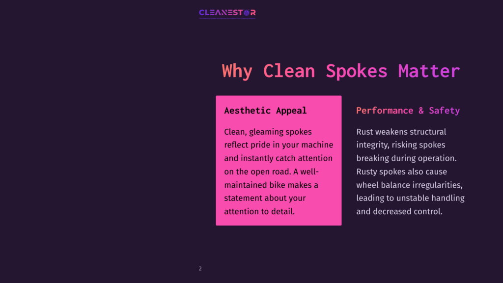 2 Why Clean Spokes Matter Dark Background With A Pink Box On The Left Containing Text About &Quot;Aesthetic Appeal&Quot; Of Clean Spokes, And On The Right, Text About &Quot;Performance &Amp; Safety&Quot; Of Clean Spokes, With &Quot;Cleanestor&Quot; Logo At The Top.